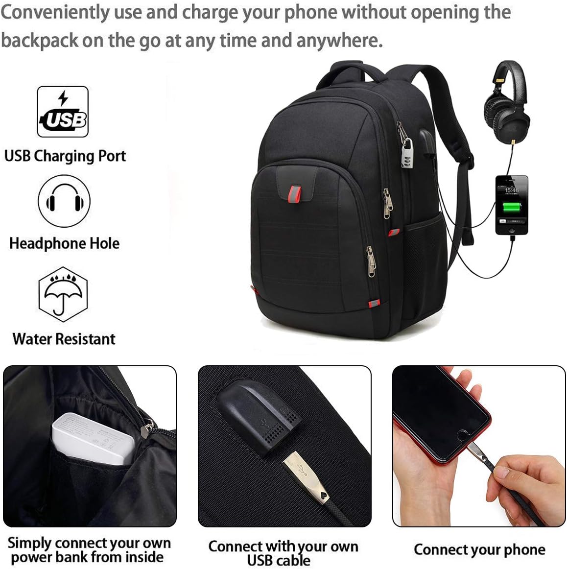 Laptop Backpack for Men, Large Anti-Theft Business Travel Backpack with USB Charging Port, Water