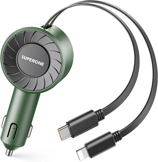 SUPERONE 3-in-1 Car Charger with Retractable Cords, USB C Charger Car Adapter Compatible with iPhone 17/16/15/14/13/12/11 Pro Max Samsung Android Phones