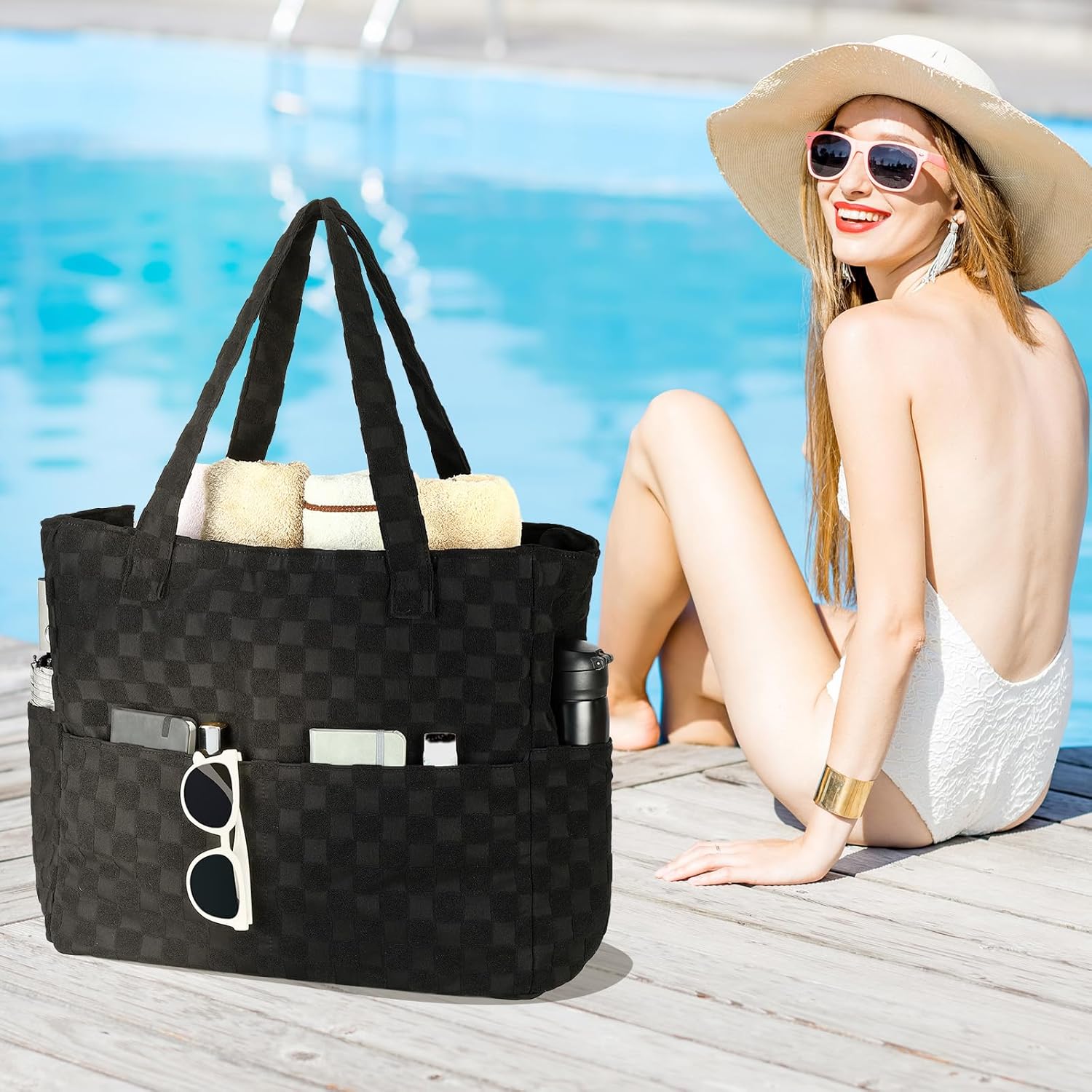LEDAOU Large Beach Tote Bag Women Waterproof Sandproof Zipper Beach Tote Bag for Pool Gym Grocery