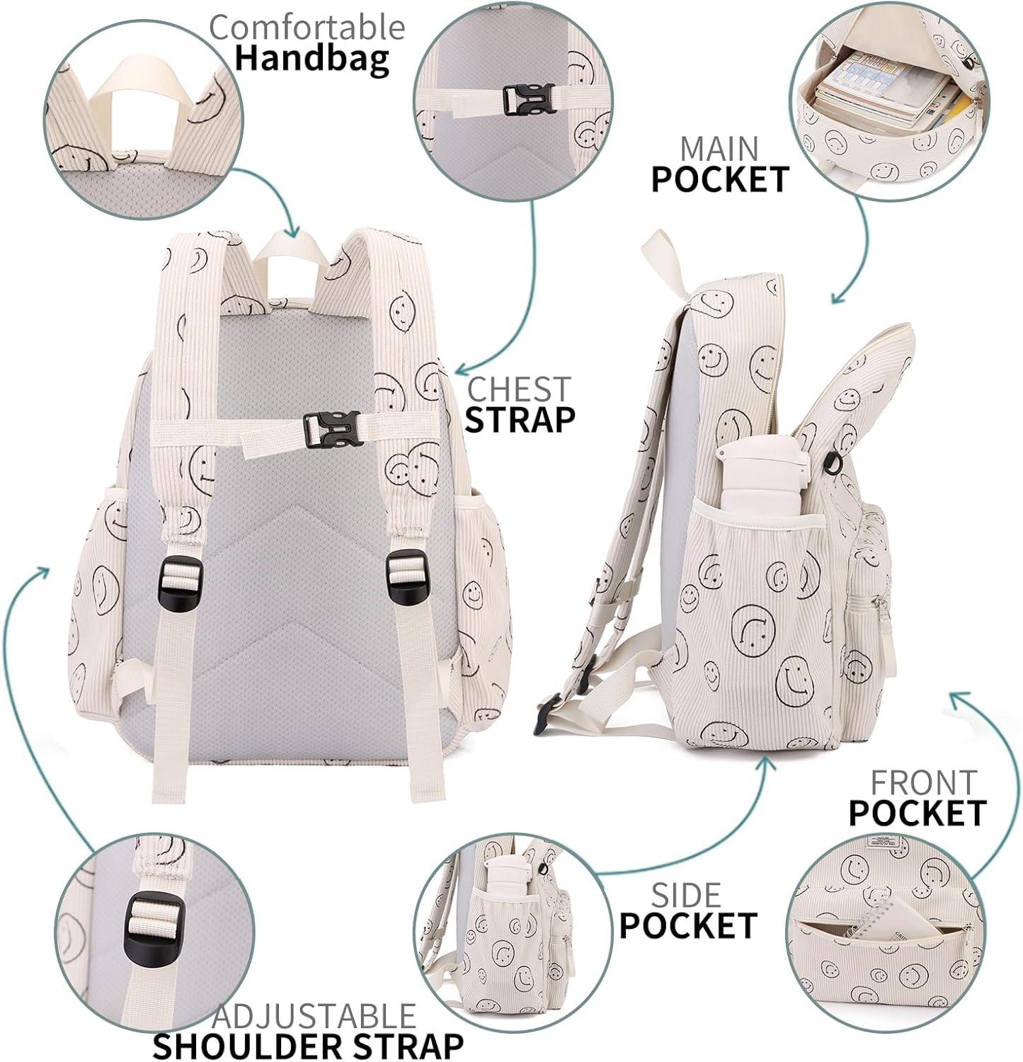 Corduroy Kids Backpack for Boys Girls Backpacks for Primary Elementary Kindergarten 6-10 (Smile Beige, Medium (15" H Fit A4 Folder))