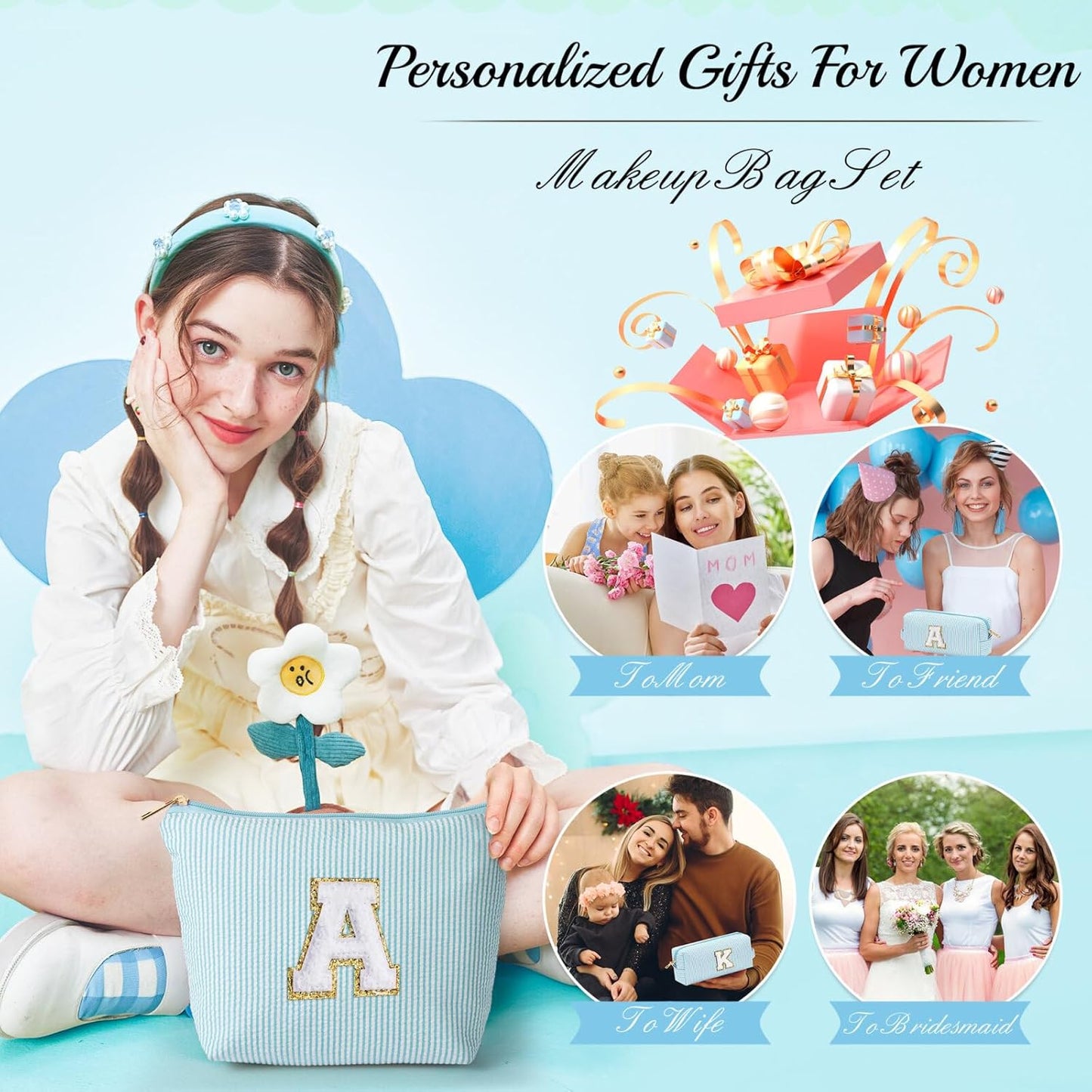 YOOLIFE Initial Makeup Bag for Women - Monogram Cute Makeup Bags Cosmetic Toiletry Pouch Make Up Case for Women Her Best Friend Friendship Sister Teacher, Personalized Birthday Gifts for Women E
