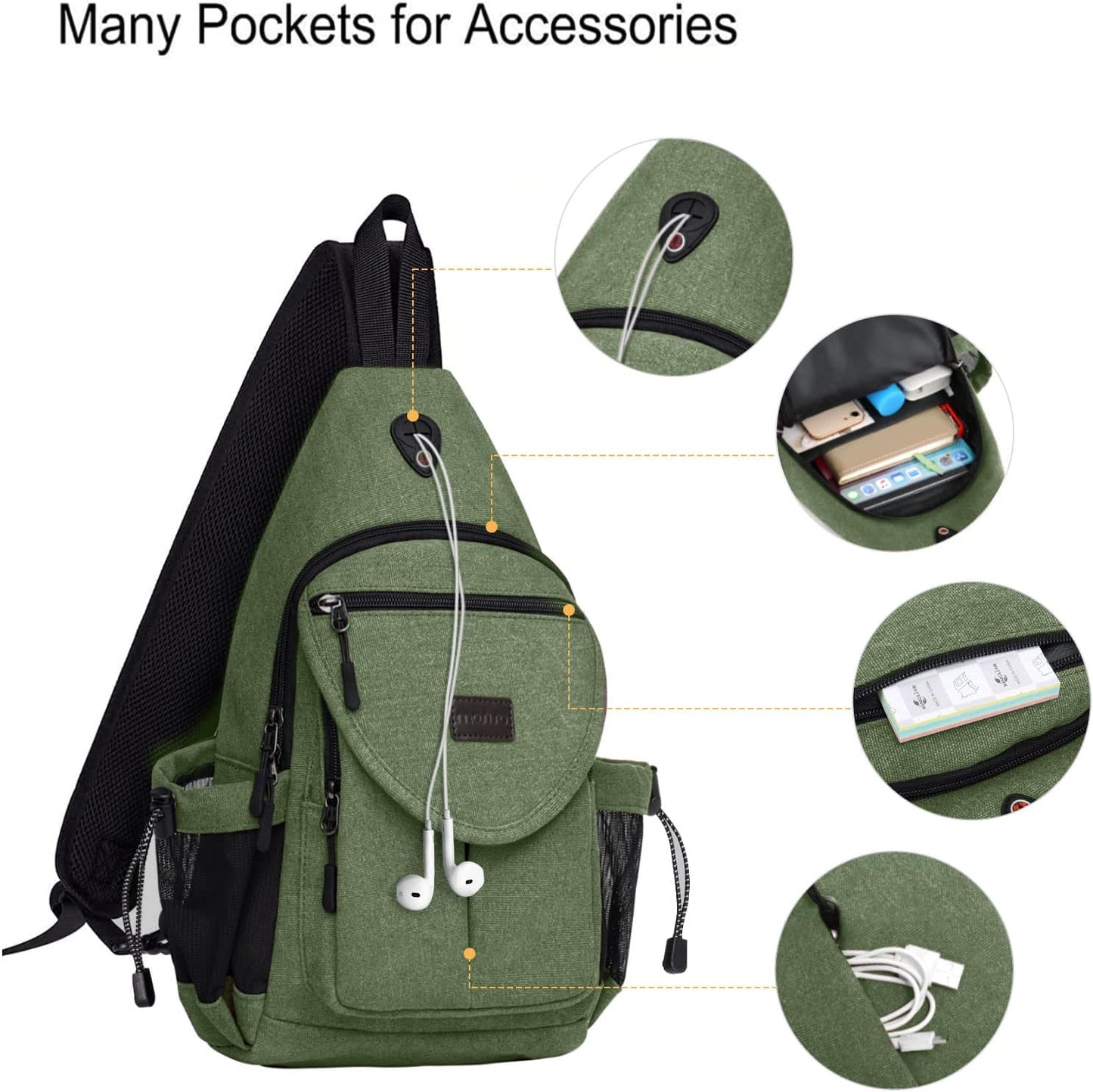 MOSISO Sling Backpack,Canvas Crossbody Hiking Daypack Bag with Anti-theft Pocket, Army Green