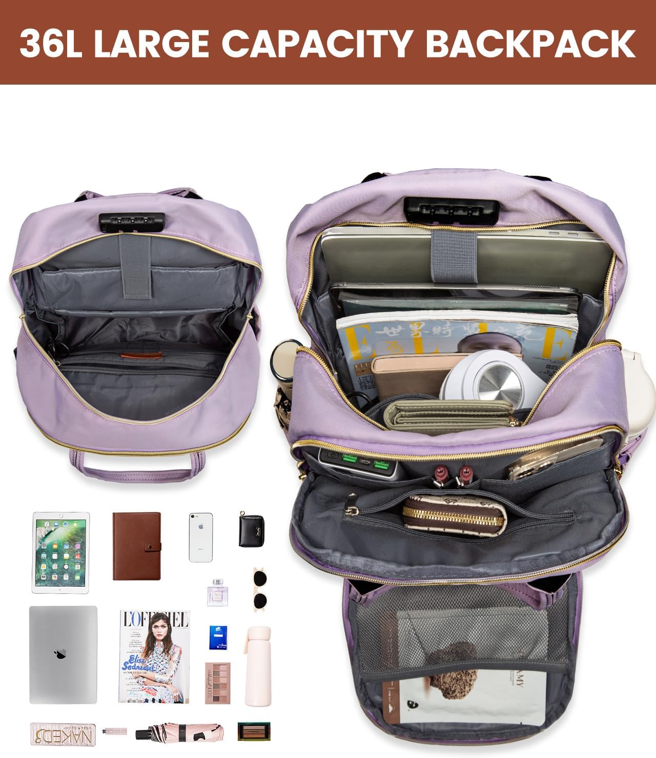 LOVEVOOK Laptop Backpack Purse for Women, Unisex Large Capacity 17 Inch Travel Anti-theft Bag, Work Business Computer Bags backpack, Casual Hiking Daypack with Lock, Light Purple