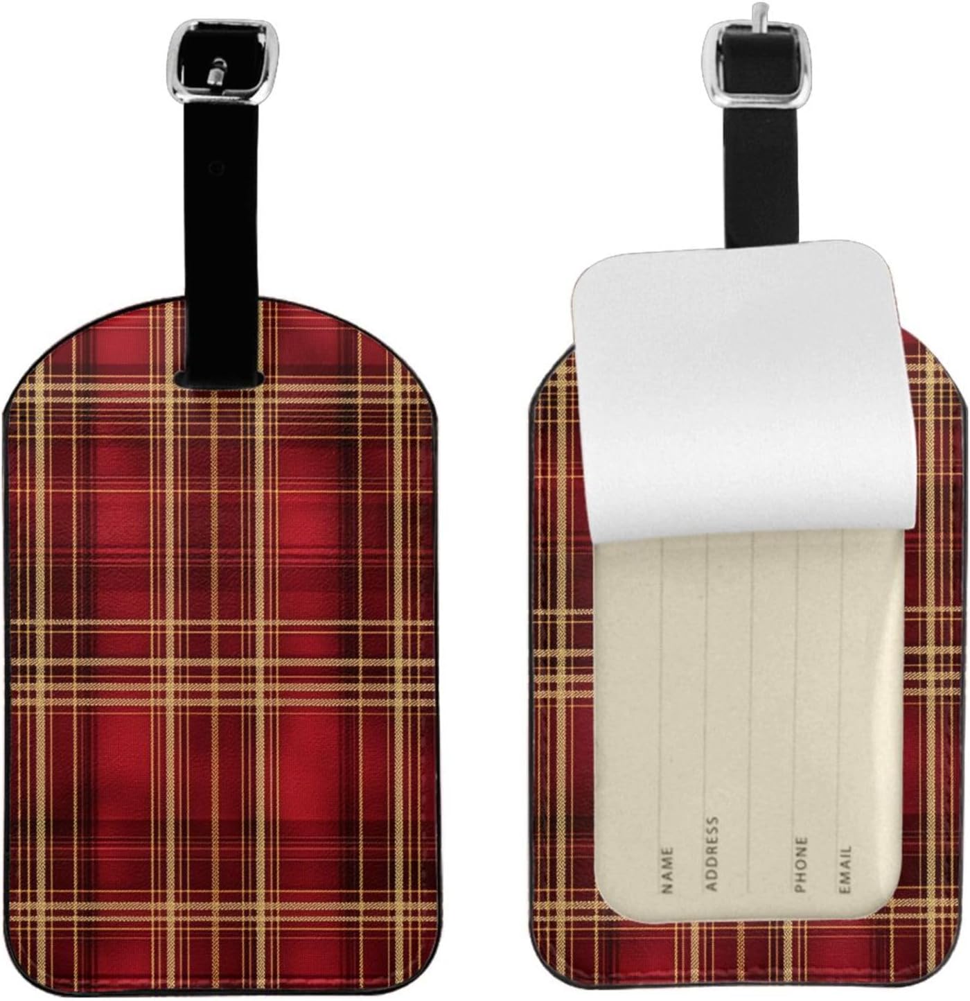 Red Yellow Buffalo Plaid Luggage Tag Leather Suitcase Tags Cute Luggage Identifiers for Suitcases Privacy Cover Travel Name Tag for Kids Adult