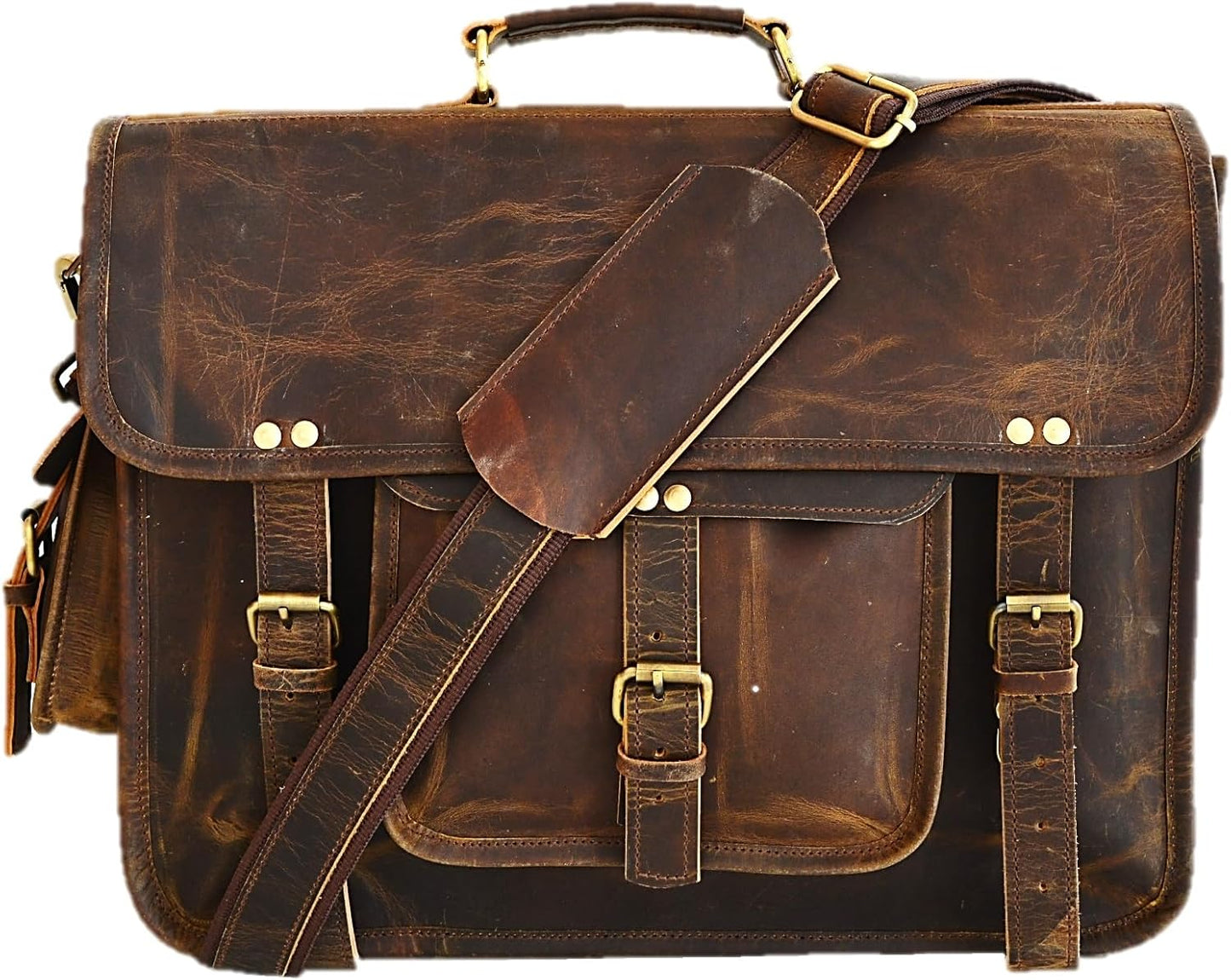 Satchel And Fable 16 inch Leather Messenger bag for men Handmade Vintage Laptop Computer Shoulder Brown Office Briefcase (Dark Brown, 16" L x 12" H x 4" W)