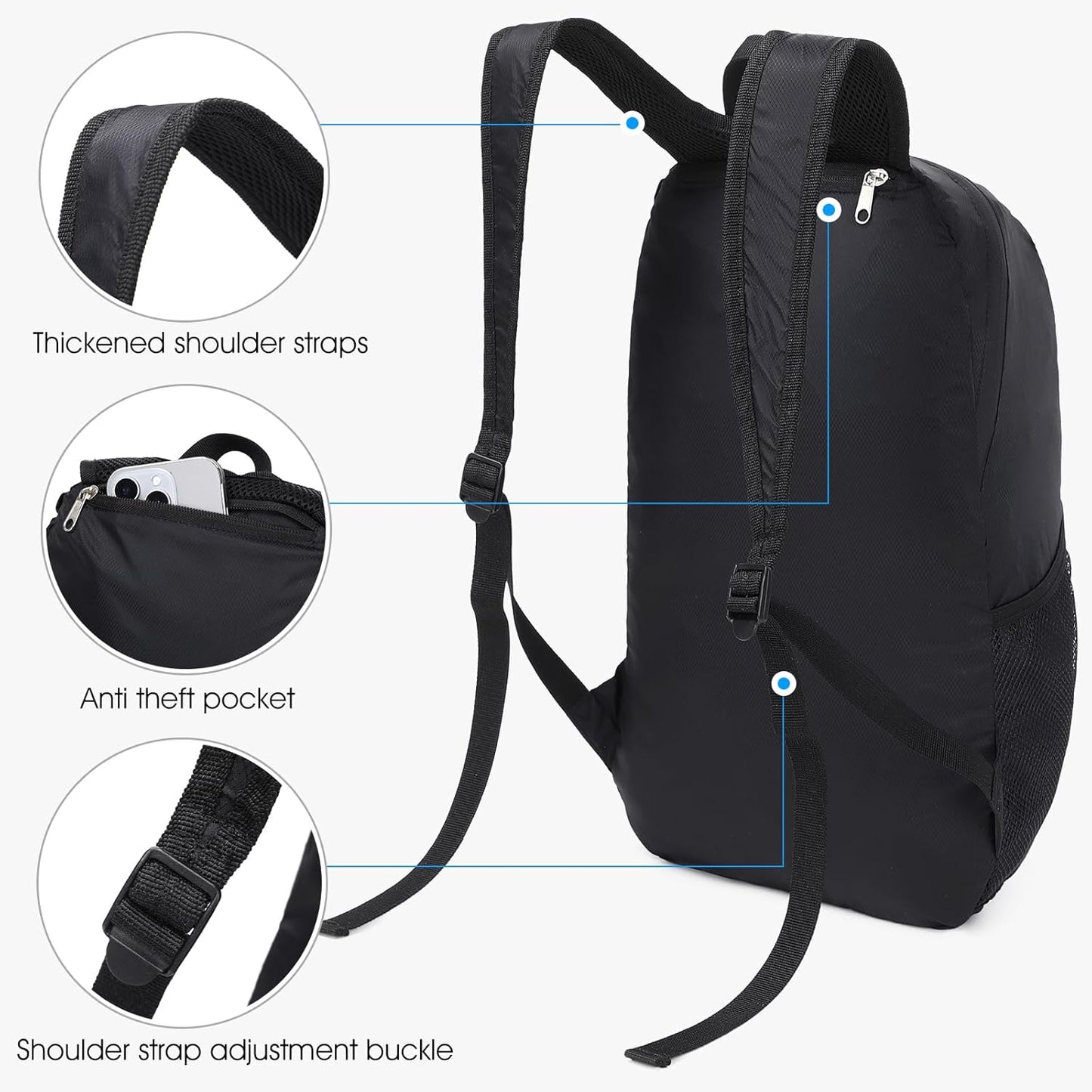 Lightweight Hiking Backpack Small,Waterproof Hiking Daypack,Foldable Backpack for Travel,Ultralight Daypack(Nylon, Black)