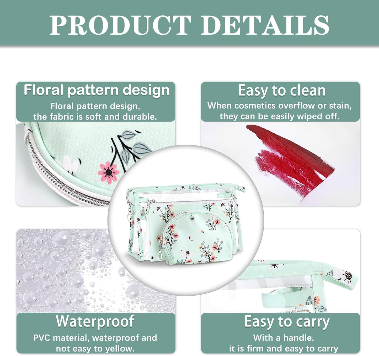 Richeart Makeup Bag, Clear Bag with Zipper, 3PC Floral Flowers Makeup Pouch, Waterproof Small Pouch, Portable Travel Toiletry Bag, B