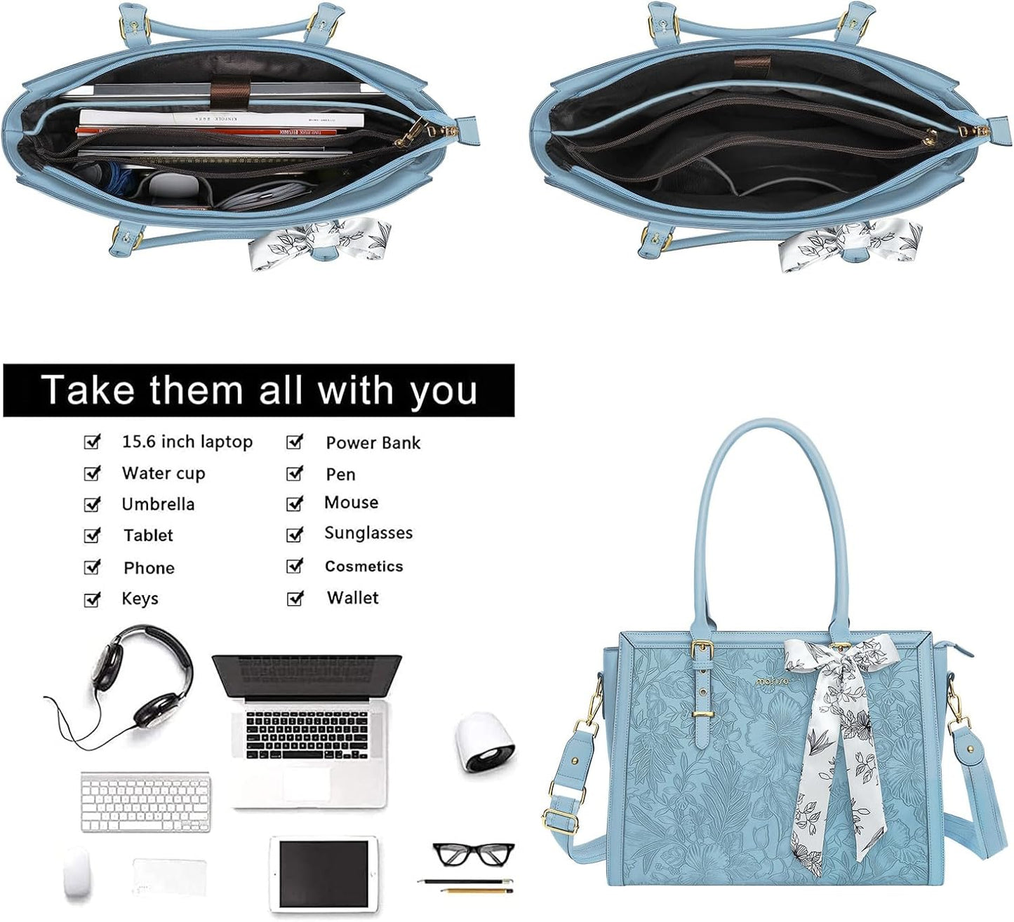 MOSISO Laptop Bag for Women, PU Leather Tote Bag, Front Embossed Retro Hibiscus Computer Bags with Silk Scarf&Clutch Purse