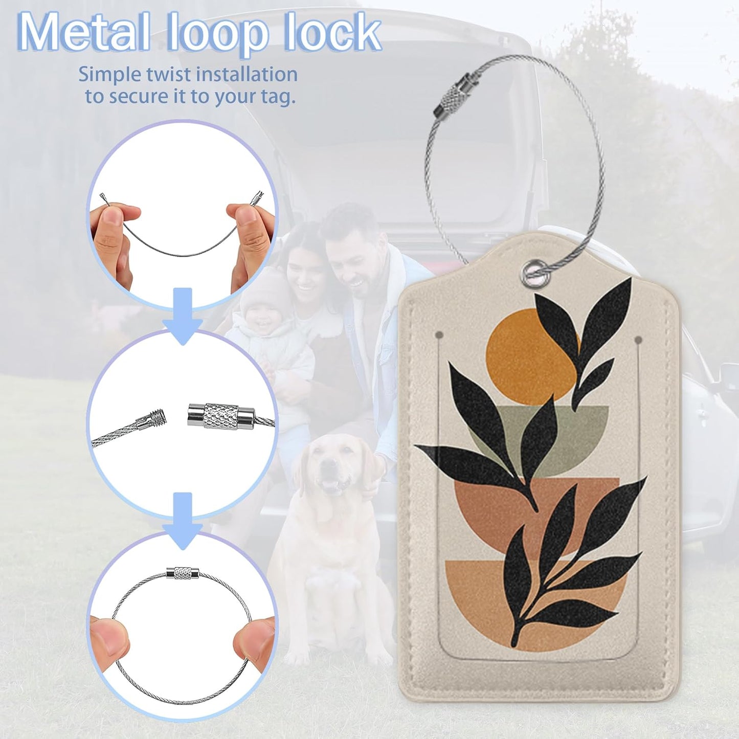 Set of 3 Luggage Tags,Abstract Minimalist Botanical Painting Leather Suitcases Tag Identifiers with Privacy Name Address Labels & Durable Steel Loop for Women Men Travel
