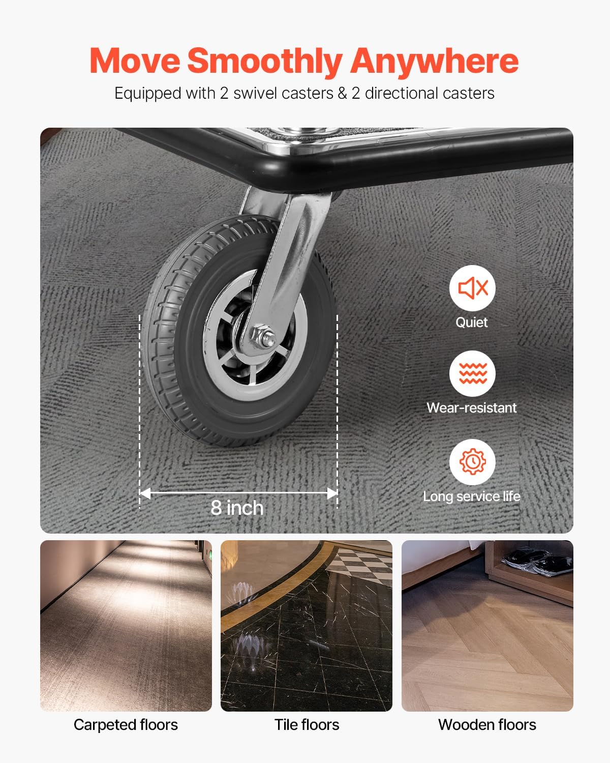 VEVOR Hotel Luggage, 1200 LBS Load Capacity, Brushed Stainless Steel Finish Bellman's Cart, Valet Cart with Grey Carpeted Deck and 8-inch Rubber Wheels, Ideal for Hotels, Condos, Resorts, Silver