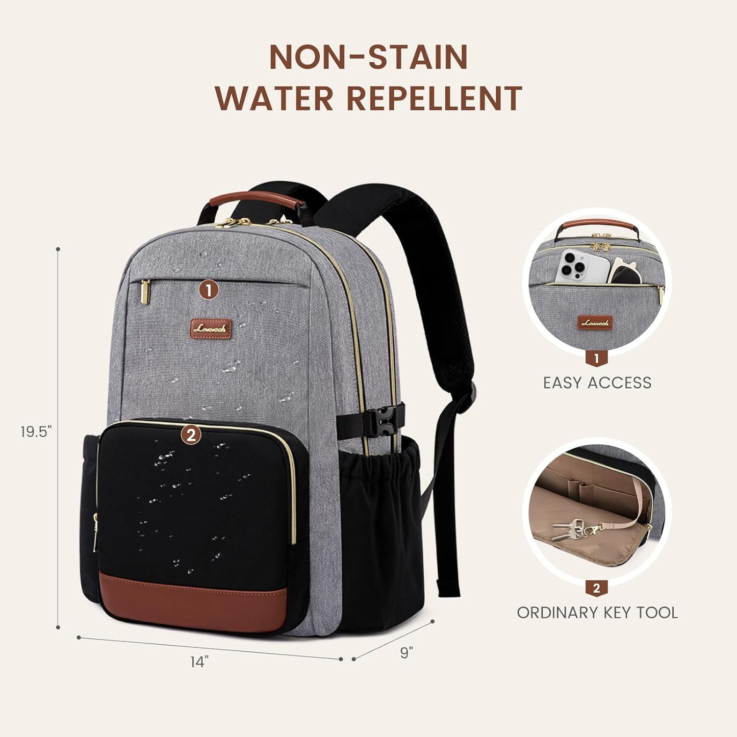 LOVEVOOK Laptop Backpack for Women with Pouch Pocket for Large Capacity Cup,18 Inch Teacher Nurse College Work Backpack Purse,Waterproof Laptop Bag Computer Back Pack for Travel, Grey-Black-Brown