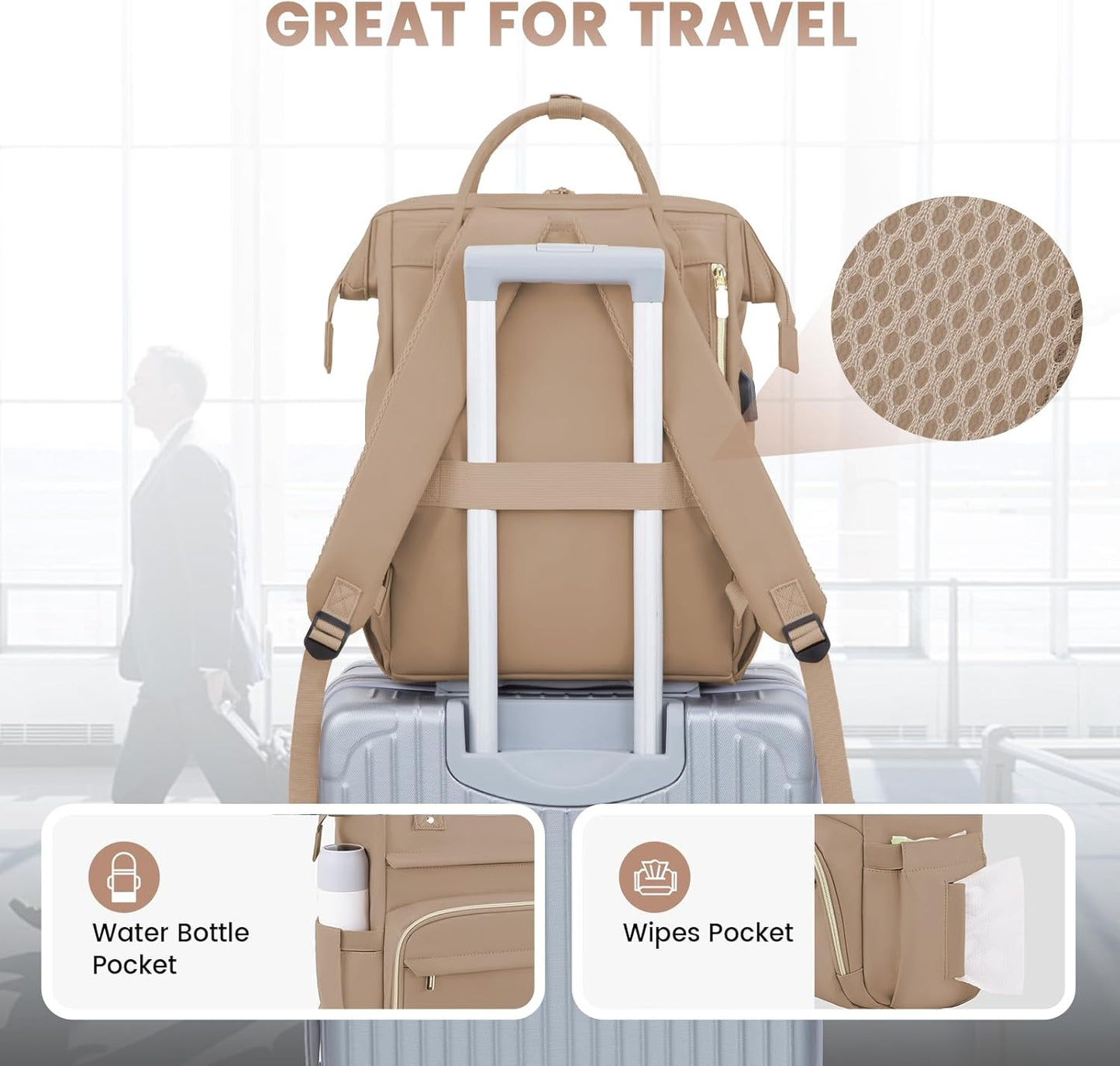 LOVEVOOK Leather Laptop Backpack for Women 15.6 inch,Travel Backpack Purse Nurse Teacher Backpack Computer Laptop Bag,Professional College Business Work Bags Carry On Backpack with USB Port,Sandy
