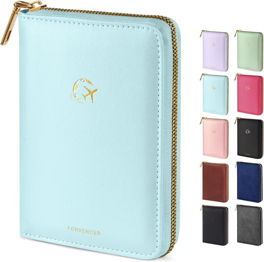 Forvencer Passport Holder Cover with Safe Zipper Closure, Premium Passport Wallet for Travel, Cute RFID Blocking Card Case, Waterproof Travel Accessories for Women, Light Blue
