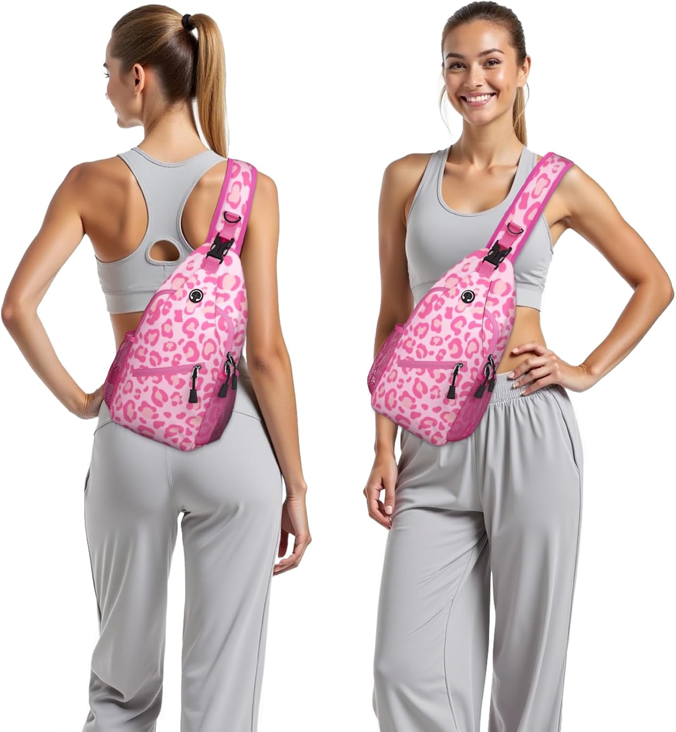 Pink Leopard Print Sling Bag Crossbody Chest Bag for Women Men, Water Resistant Lightweight Casual