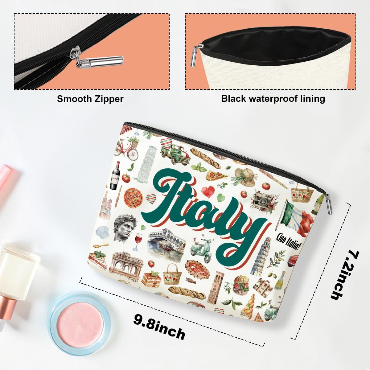 Italy Travel Essentials Italian Gifts Makeup Bag Cosmetic Bag for Women Friend Lady Sister Bestie Italy Travel Lover Weekend Bag Vacation Christmas Birthday Friendship