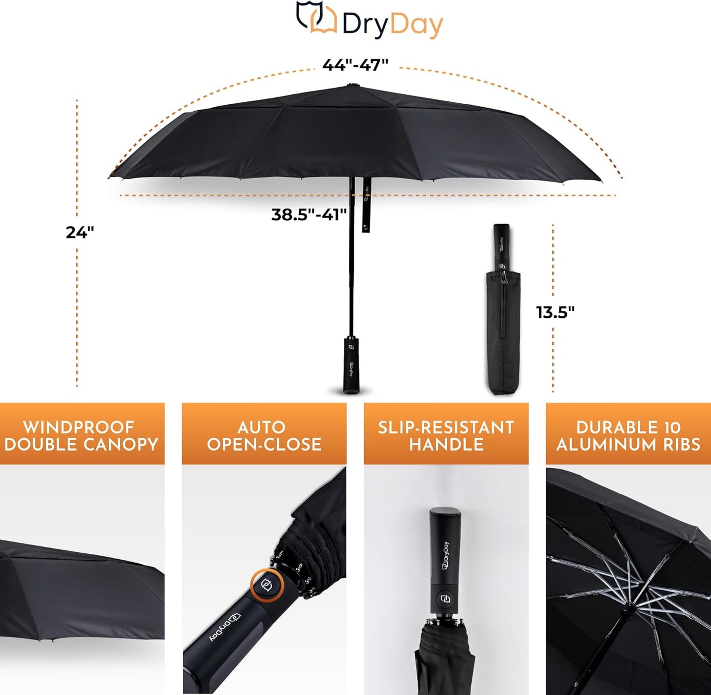 DryDay Premium Umbrellas for Rain, Large Windproof Double Canopy Umbrella, 10 Aluminum Ribs, Sturdy Frame, Auto Open Close Unique Handle, Windproof & Waterproof Umbrella for Women & Men