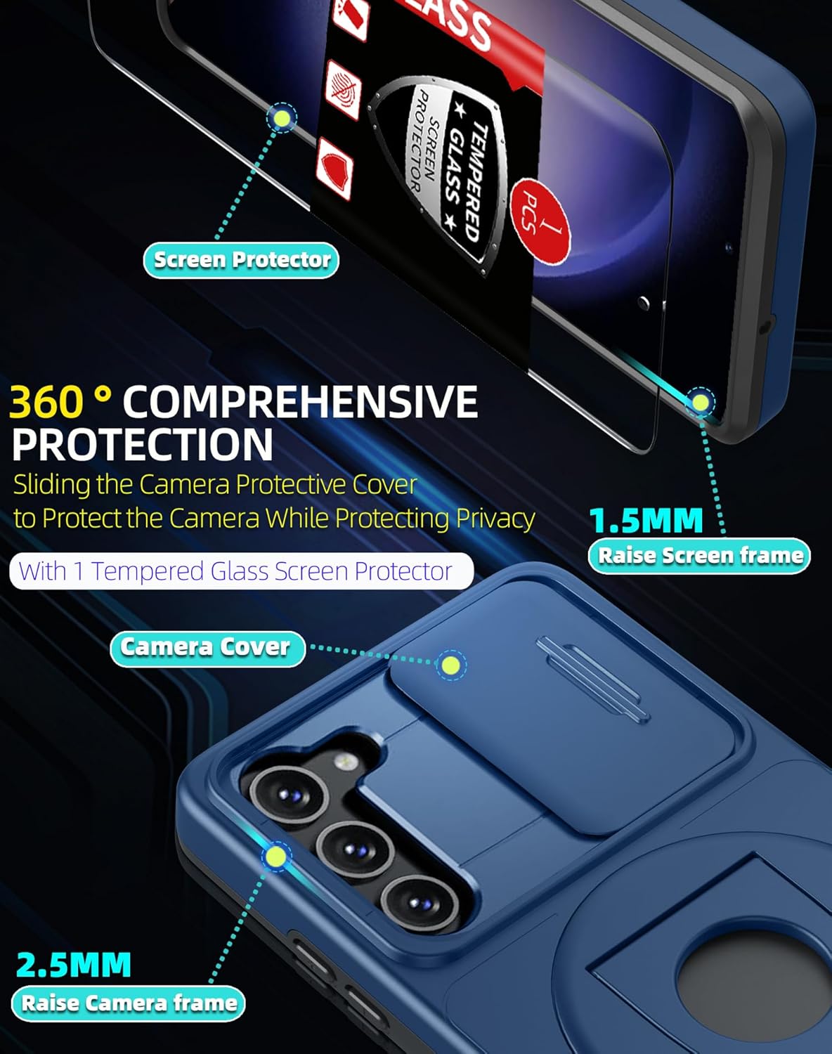 for Samsung Galaxy S23 Plus Case Magnetic Compatible with MagSafe Wireless Charging,with Screen Protector,for S23+Plus Case with Stand Ring+Camera Cover Shockproof Heavy Duty Protection Blue