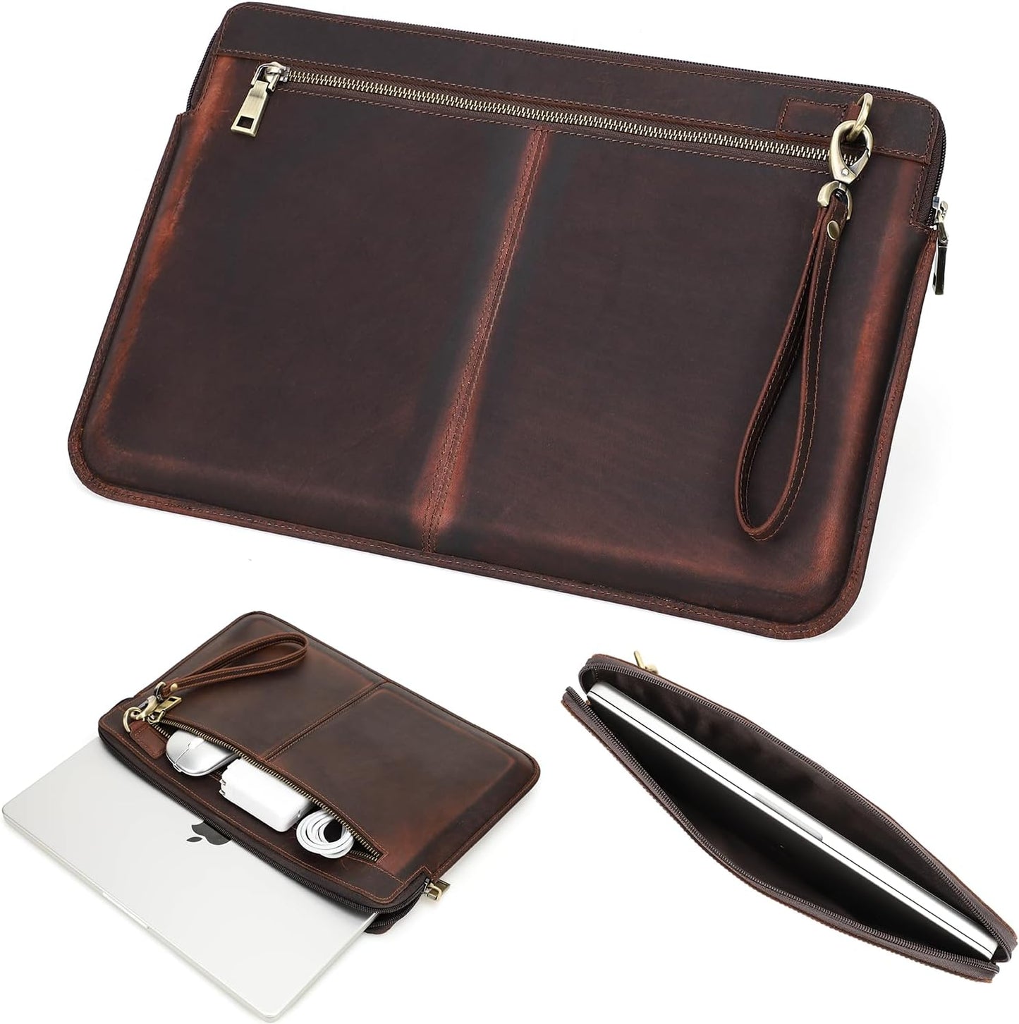 Top Grain Leather 15.4" Slim Laptop Sleeve Case Bag, Vintage Design with 2 Zip Pocket, Handmade, Compatible with MacBook Pro 15.4" Retina 2.6GHz ThinkPad 15.6" & Other PC, Coffee 15.4 Inch
