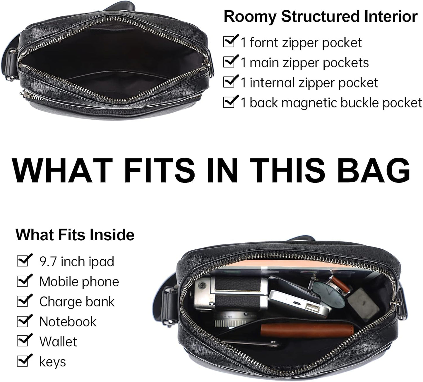 Augus Leather Messenger Crossbody Shoulder Bag for Men Work Business Casual Adjustable Straps (black-1)