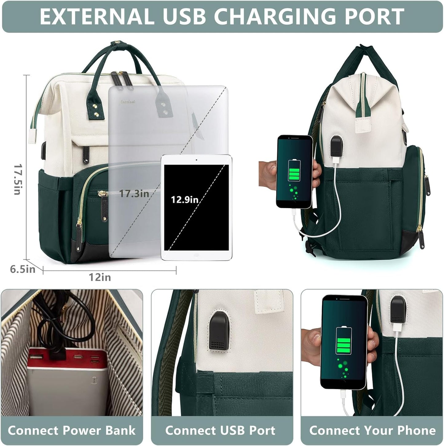 Laptop Backpack for Womem Work Bags: 17.3 Inch Travel BackPacks With USB Charging Port Anti Theft Fashion College BookBag Durable Daypack Purse Bussiness Back Pack for Nurse Teacher Green Beige