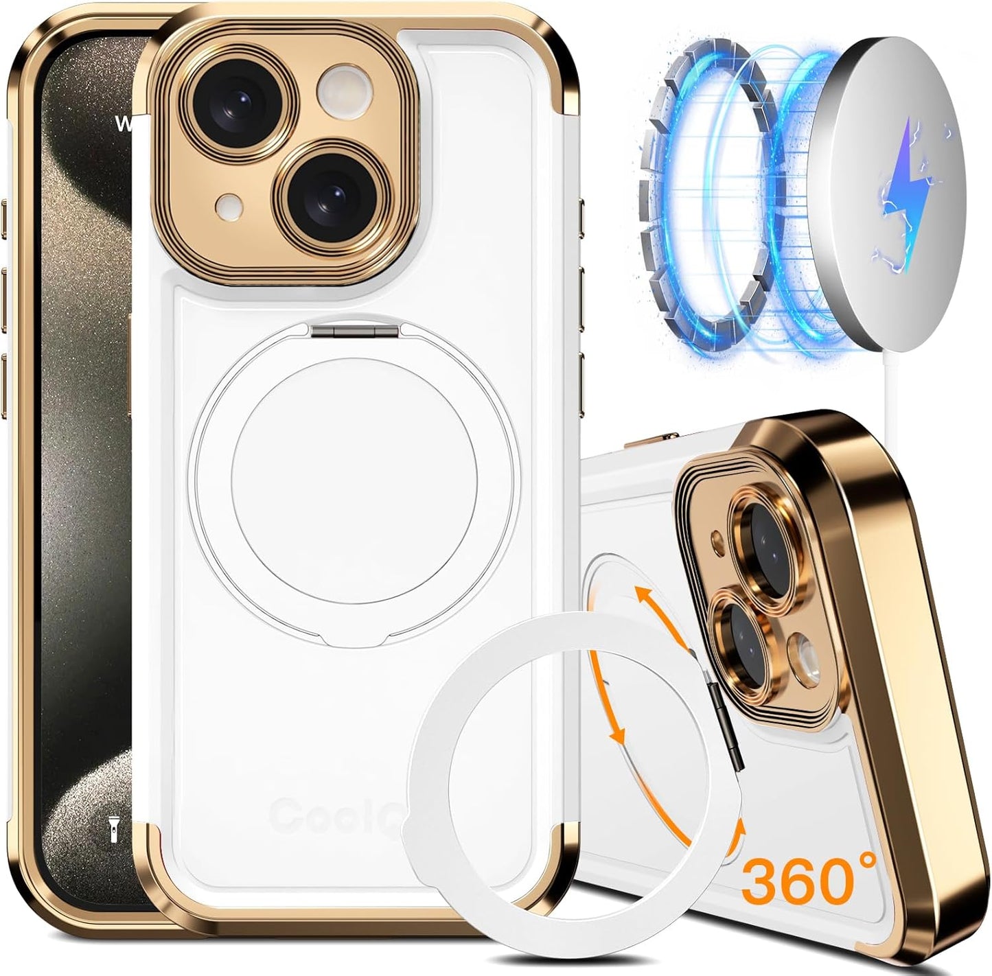 COOLQO for iPhone 13 Case 6.1'' Upgraded 360° Spin Magnetic Stand [Compatible with Magsafe][Military Protection] Plating Matte Scratch-Resistant Back Protective Shockproof Phone Case, White Gold