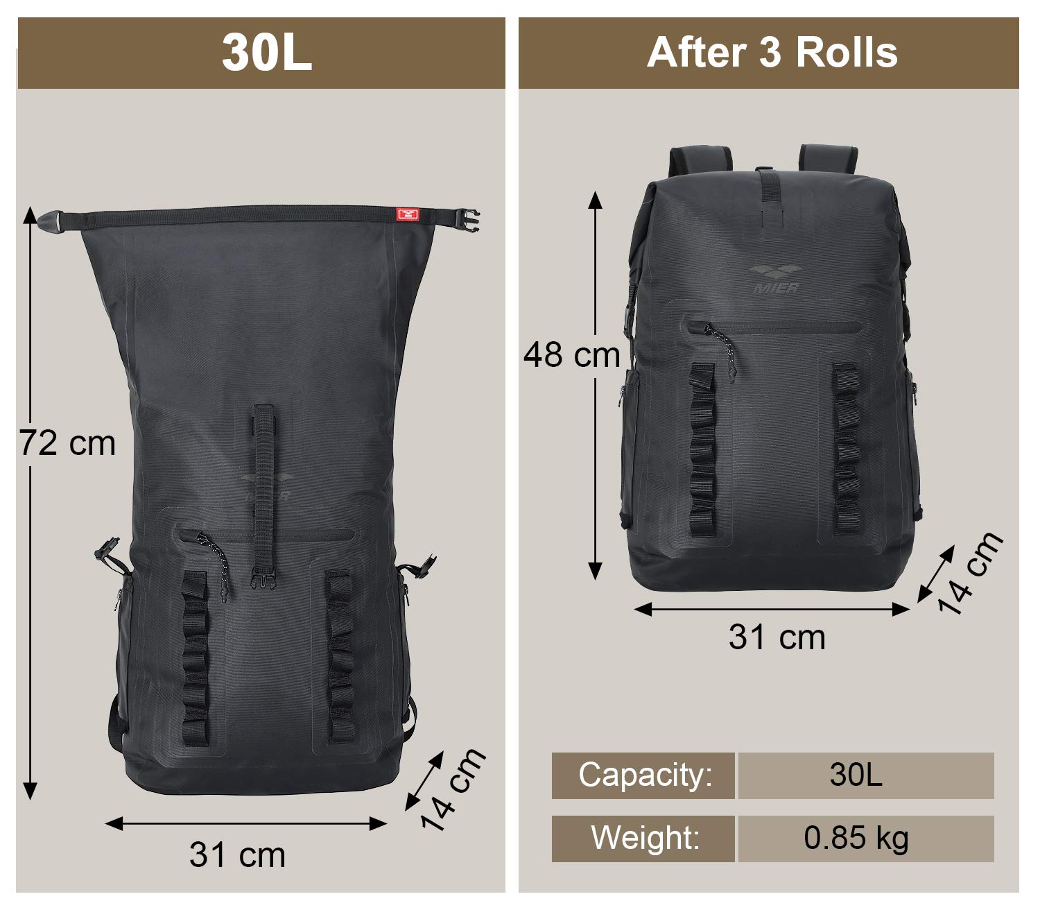 MIER Roll Top Waterproof Backpack Floating Dry Bag for Men Women, 30L Black