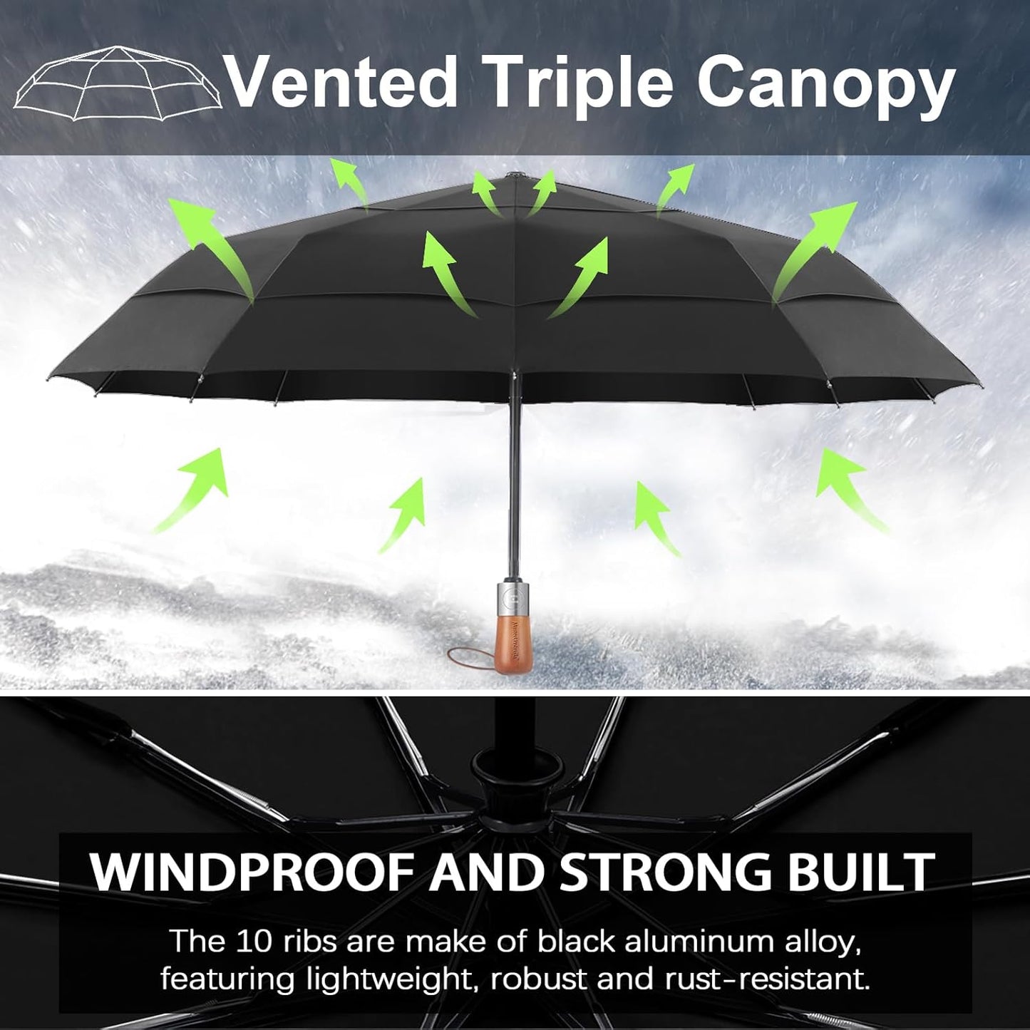 Umbrellas for Rain, Heavy-Duty Windproof Travel Umbrella — Auto Open/Close, Vented Triple-Layer Canopy, 10 Fiberglass Ribs, Folding Design, Large Coverage, Wooden Handle
