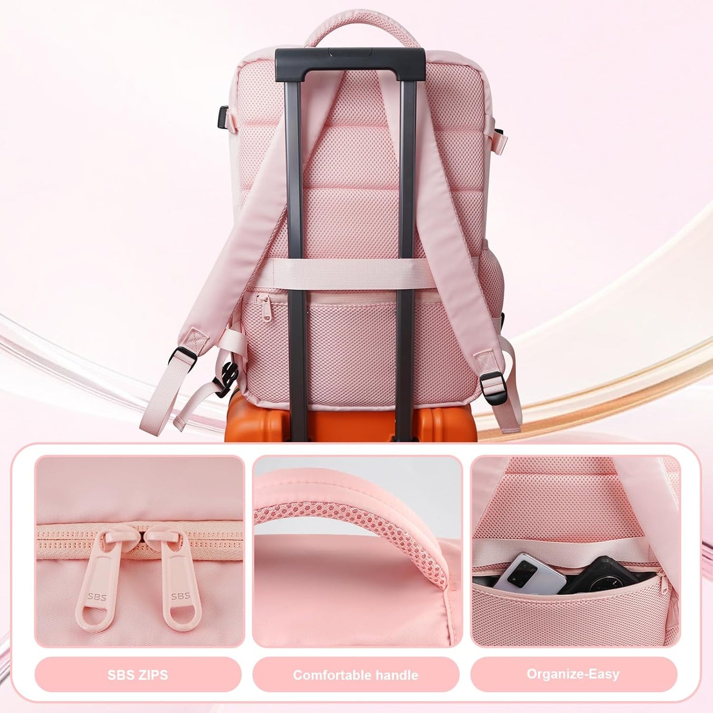 Travel Backpack for Women & Men, Waterproof Carry On Backpack Airline Approved Laptop Backpack Fits 15.6 Inch Laptop, Business Computer Bookbag for Work, College, Travel (Pink, Large)