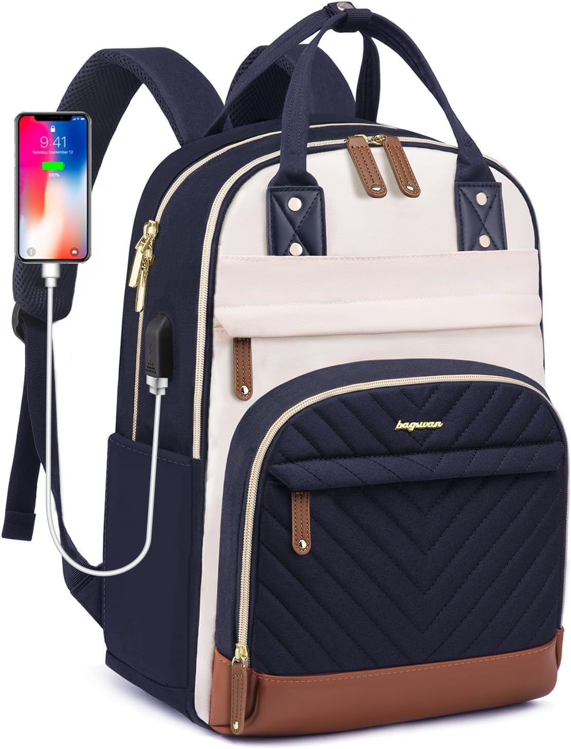 Laptop Backpack for Women Work Bookbag: 17.3 Inch College Backpacks with USB Charger School Book Bag Waterproof Travel Computer Back Pack Anti-Theft Casual Bookbags for Girls Teacher Nurse Navy Blue