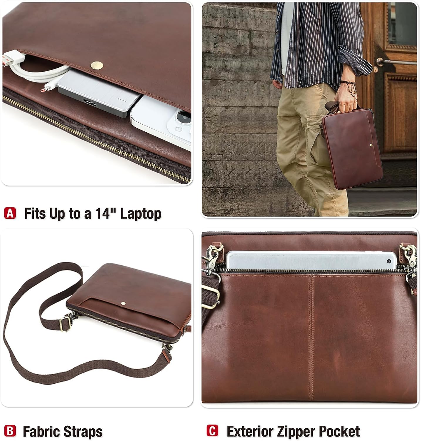 Top Grain Leather 14.2" Slim Laptop Bag Case, Handmade, Adjustable Strap & 2 Pockets, Compatible