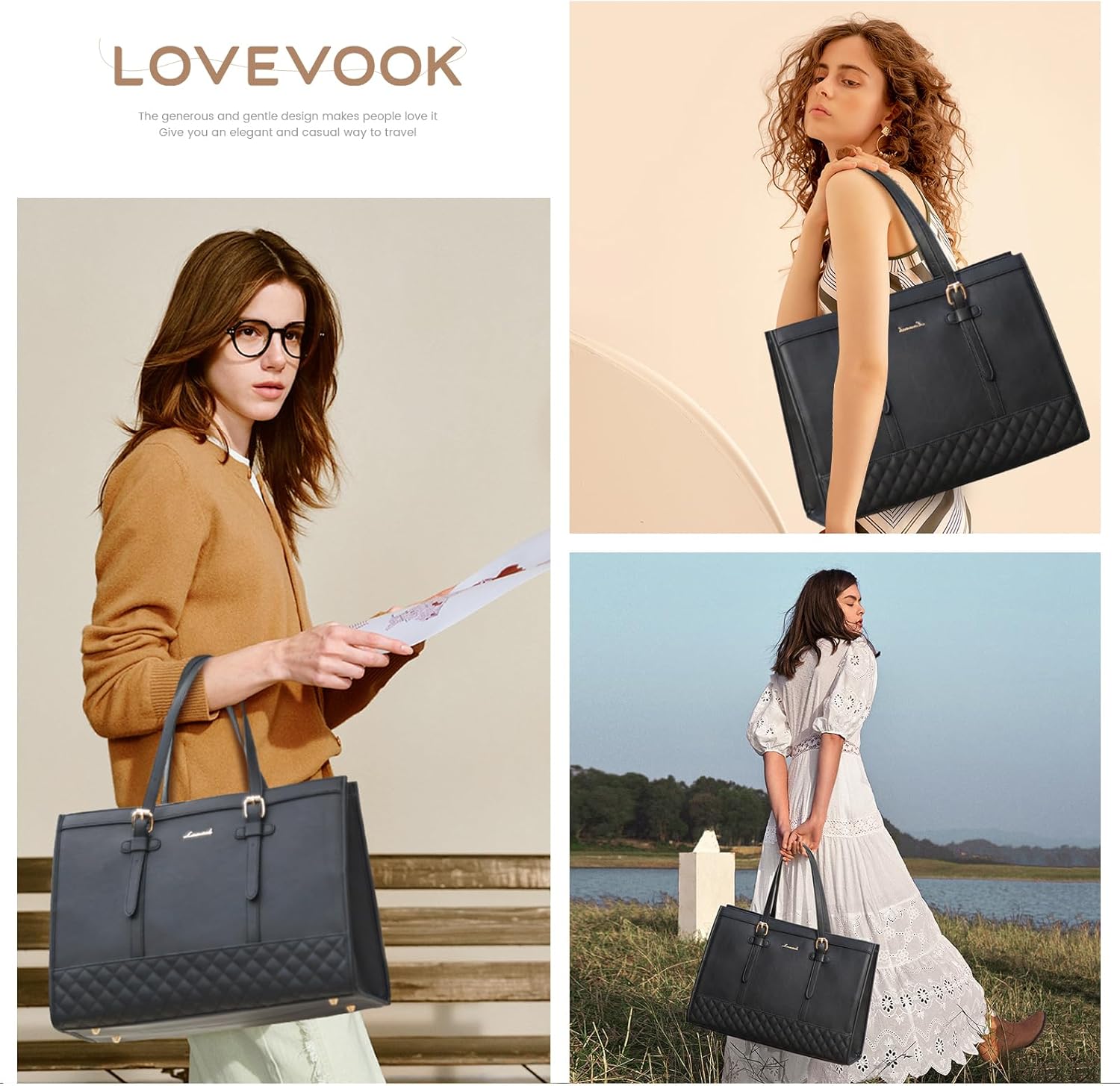 LOVEVOOK Laptop Tote for Women, 17.3 inch Waterproof PU Leather Computer Bag, Large Capacity Work
