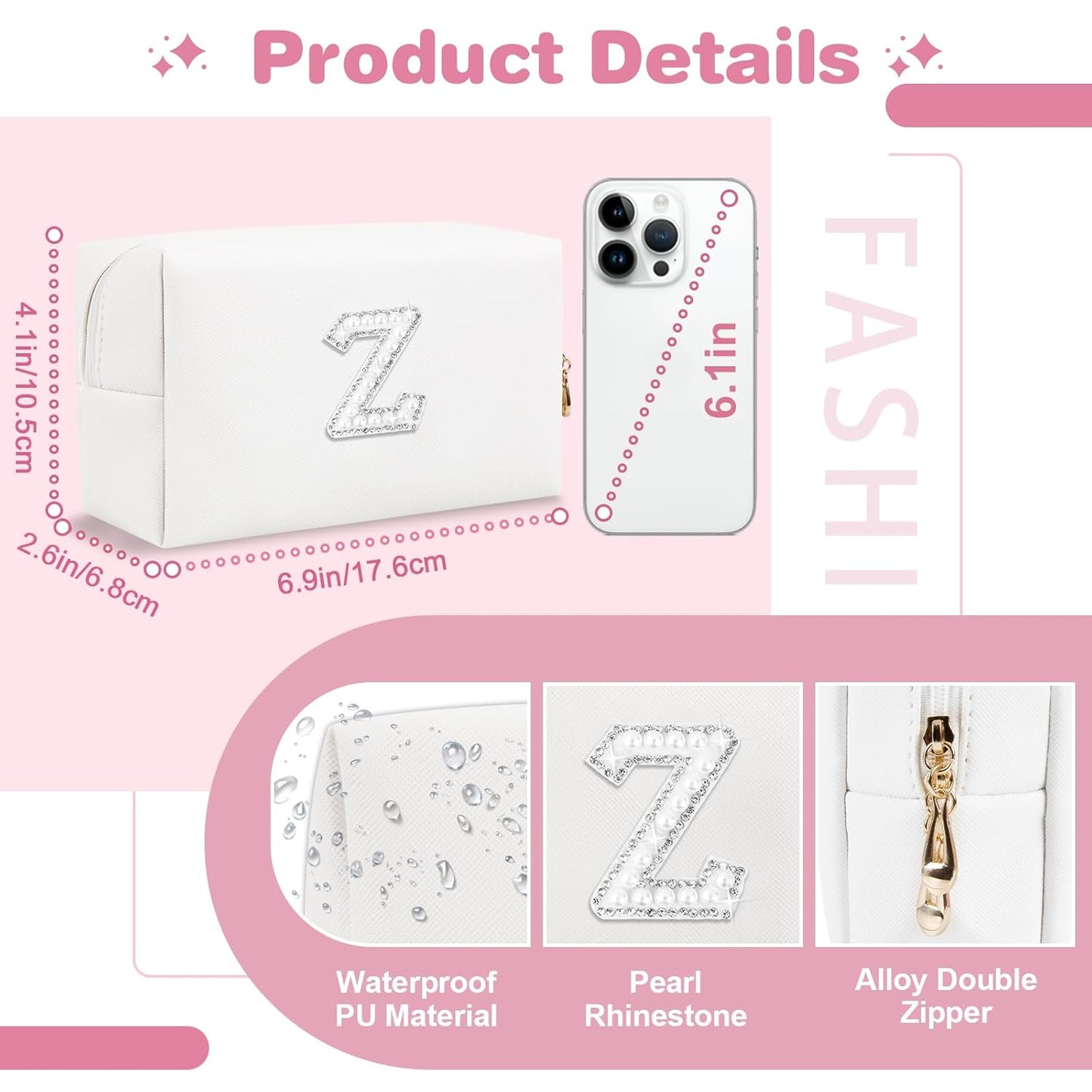 Bride Gifts – Personalized Initial Makeup Bag with Pearl Rhinestone Patch, Preppy White Monogram