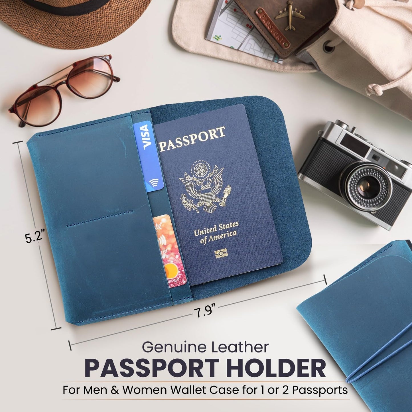 Leather Passport Holder with Travel Wallet, Genuine Leather Passport Cover- Passport Wallet, Leather Folding Wallet for Passports (Strap, Blue)