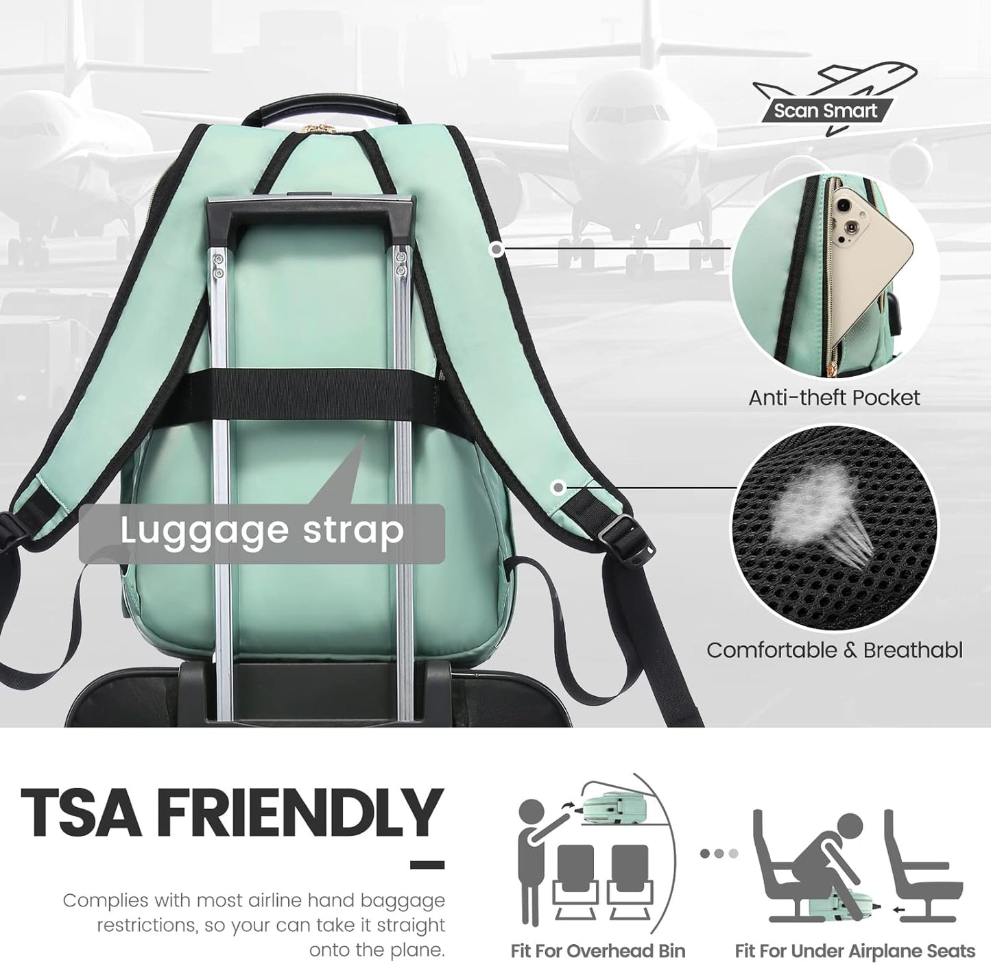 LOVEVOOK Laptop Backpack for Women 17.3 inch,Cute Womens Travel Backpack Purse,Professional Laptop Computer Bag,Waterproof Work Business College Teacher Bags Carry on Backpack with USB Port,Mint Green