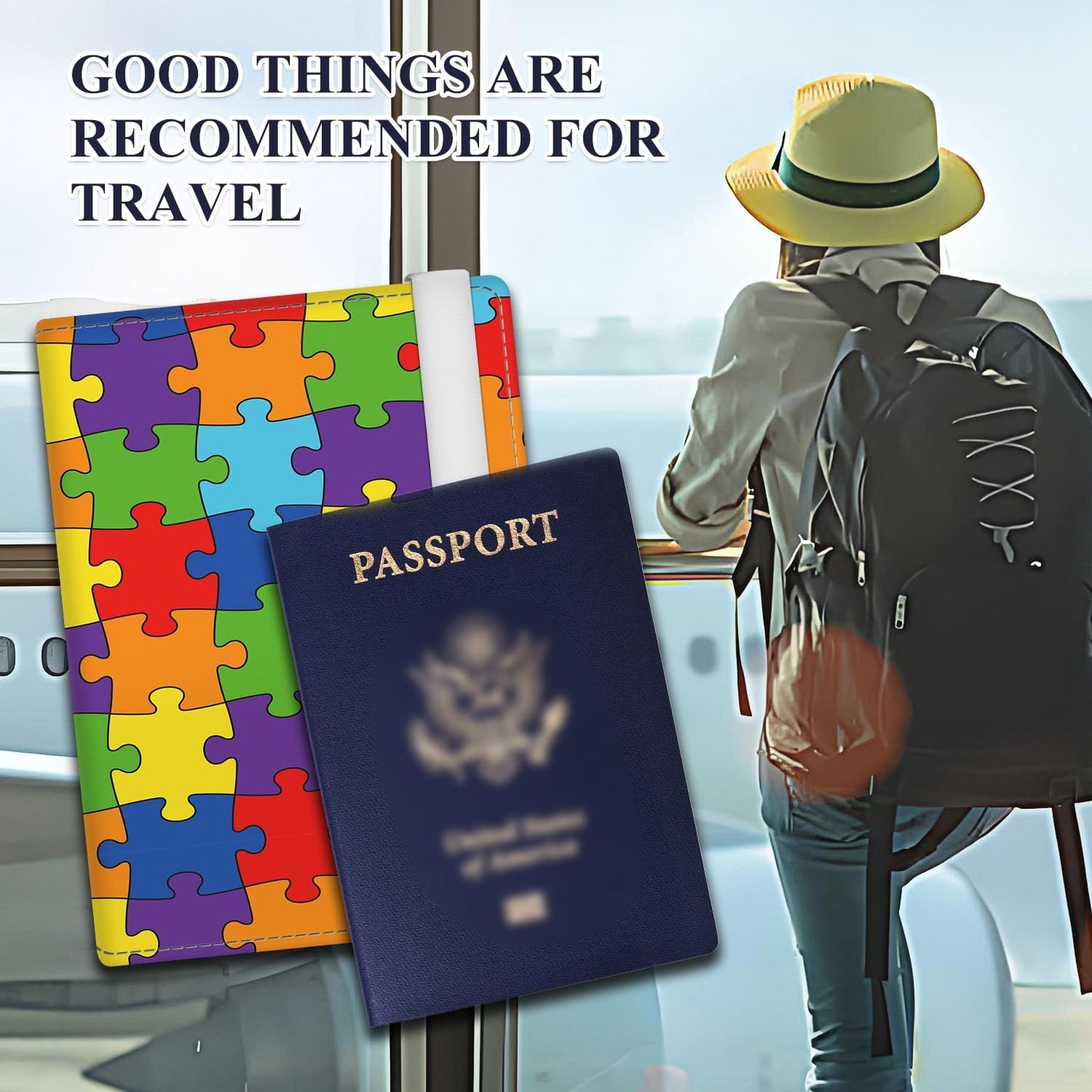 Passport Holder for Travel Essentials, RFID Premium Leather Passport Wallet Cover Case for Travel Must Haves Accessories, Passport Holders for Women Men Colorful Cute Puzzle