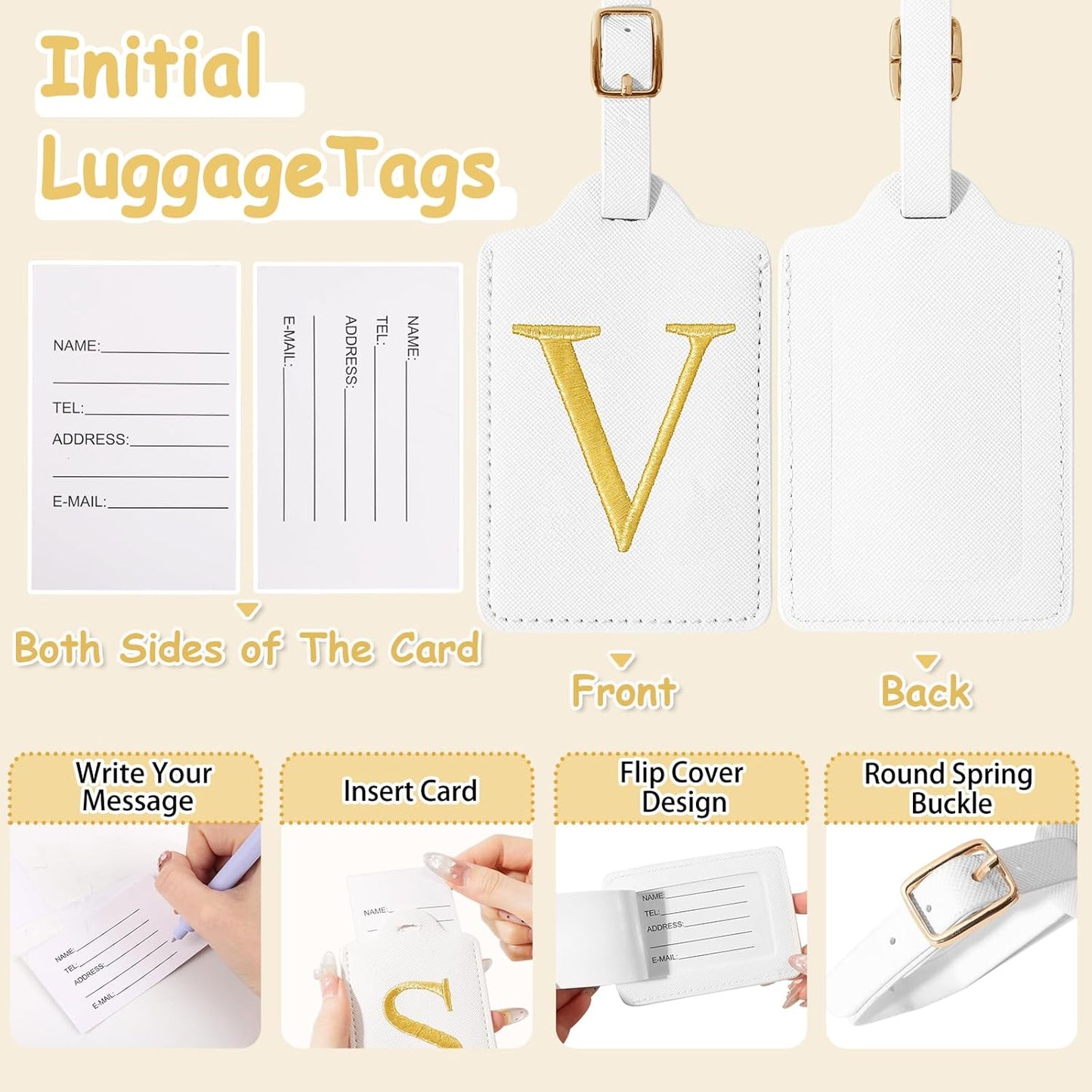 Unique Initial Letter Luggage Tags for Suitcases, Monogrammed Suitcase Luggage Identifier Tag,PU Leather TSA Approved Luggage Tags,Bag Tags for Men Women Kids Luggage Baggage(White V)