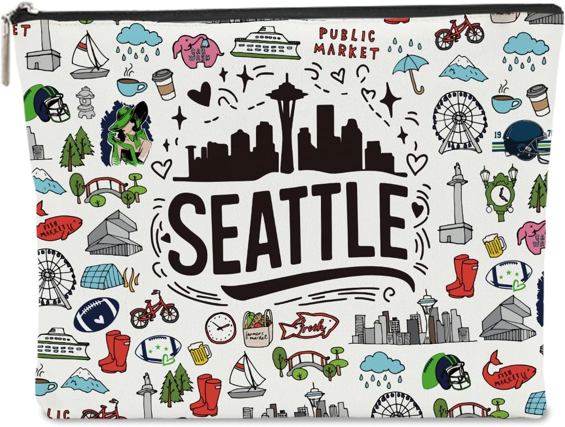 Seattle Themed Makeup Bag - Seattle Souvenirs Gift for Women, Best Friend, Sister - Travel Friendly Cosmetic Bag, Birthday Christmas Gifts