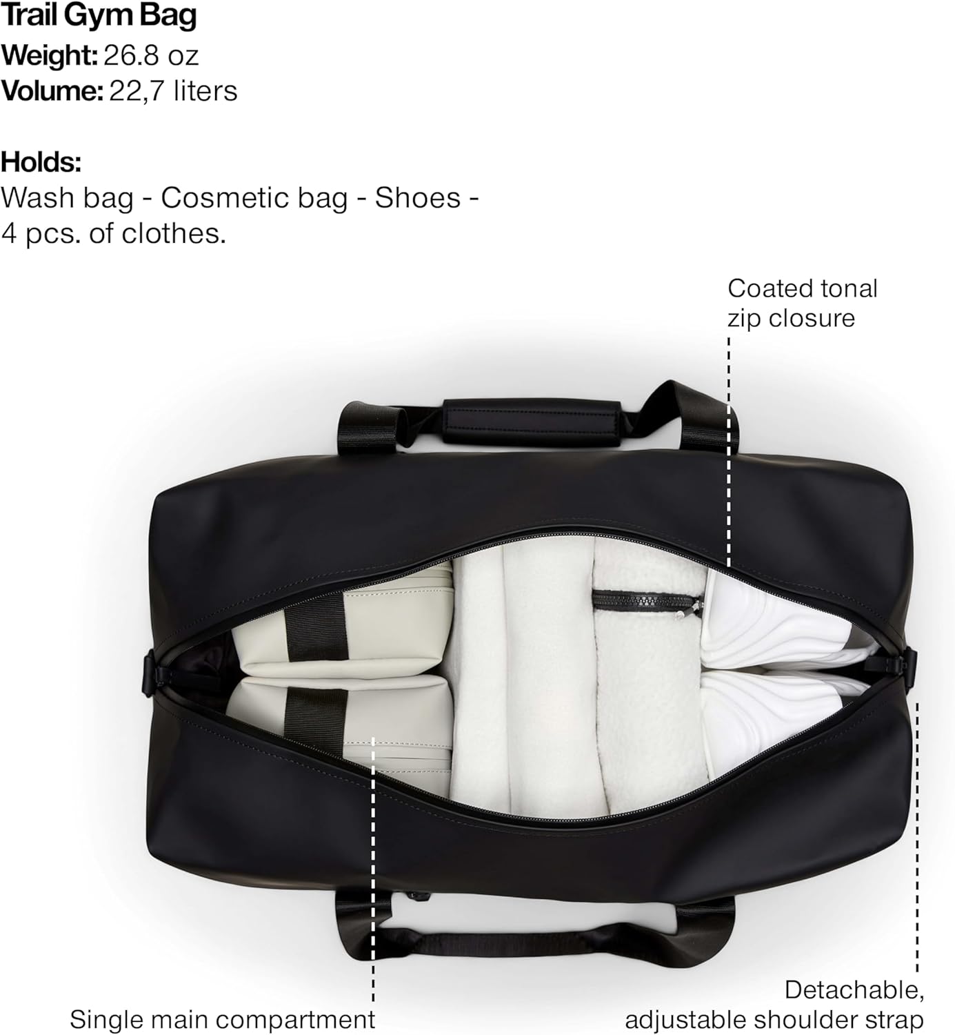 RAINS Trail Gym Bag - Black Waterproof Sports Duffel Bag for Men and Women with Shoulder Strap, Carry Handles and Mesh Pocket for Training or Travel - 2 Year Warranty