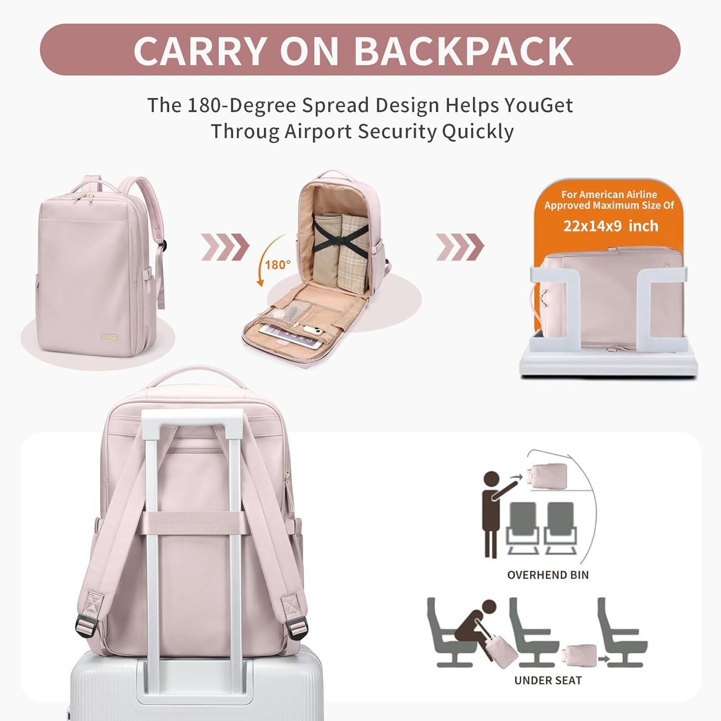 Laptop Backpack for Women, Professional Adult Office Commuter Womens Computer Backpack Travel Carry on Personal Item Bag For Airlines, Work, College, Travel, 17.3Inch, Pink