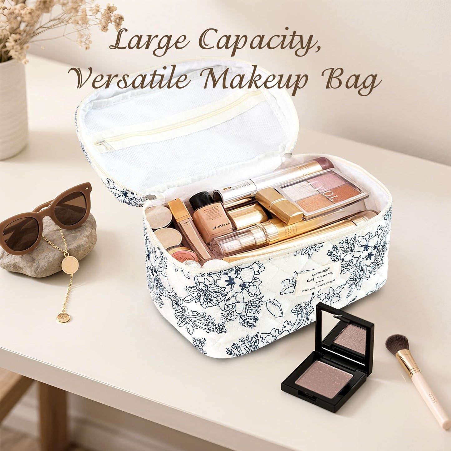 3Pcs Cotton Quilted Makeup Bag for Women Girls, Large Floral Cosmetic Bag Set Cute Makeup Brushes Aesthetic Accessories Storage Bag Flower Travel Toiletry Bag Organizer