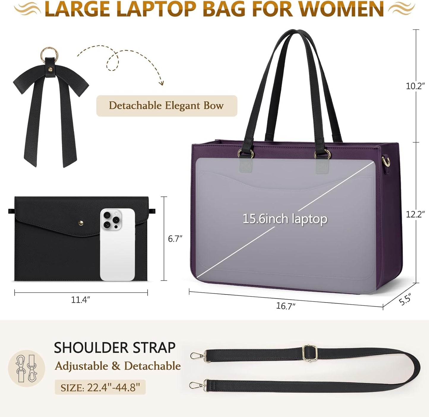 RAINSMORE Laptop Bag for Women 15.6 Inch Work Tote Bags Leather Laptop Tote Waterproof Computer Bag Professional Office Briefcase Large Handbag for College Teacher Travel,Purple and Black