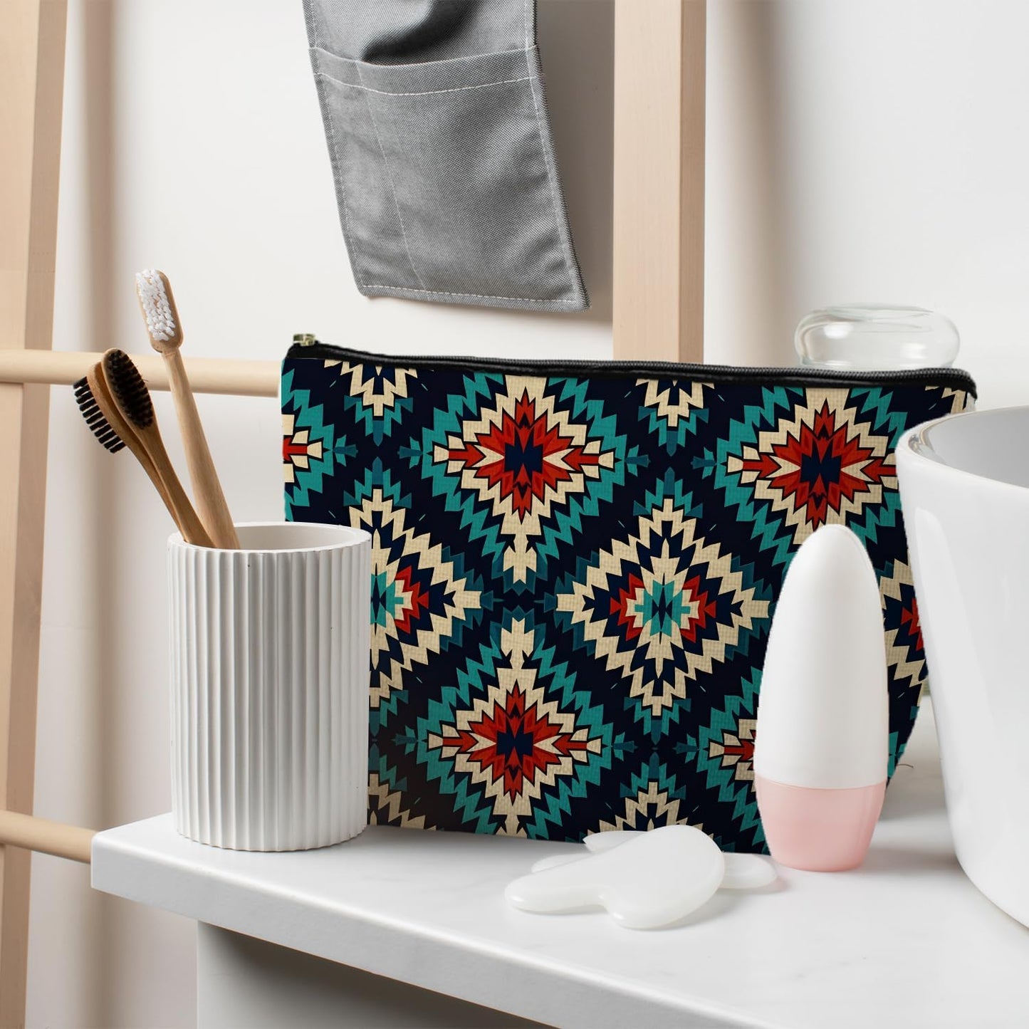 Boho Aztec Makeup Bag, Ethnic Southwestern Navajo Tribal Cosmetic Bag for Women, Western Gifts and Accessories