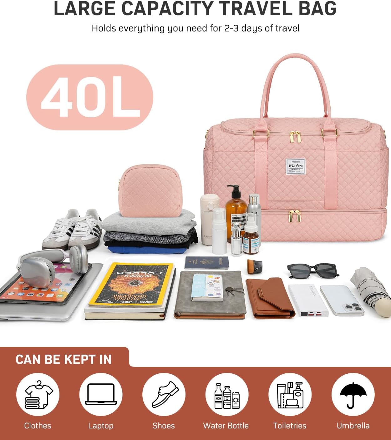 Travel Duffle Bag, Weekender Bags for Women with Shoe Compartment, Overnight Bag with Toiletry Bag, Carry On Duffel Bags For Airplanes, Yoga Gym Duffel Bag, Pink