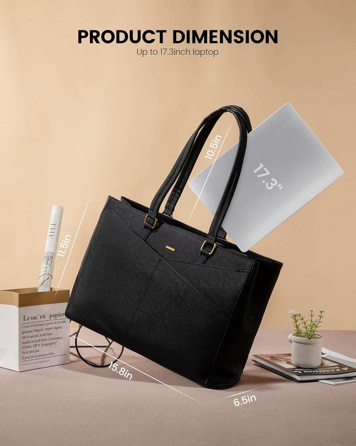 LOVEVOOK Vintage Leather Work Tote - 17.3 Inch Laptop Bag for Women, Waterproof Business Bag, Retro Black