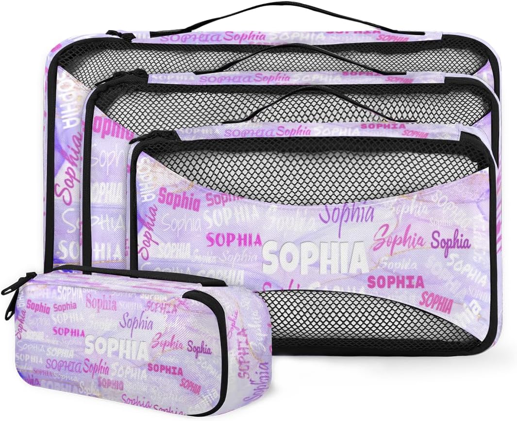 Custom Name 4 Pcs set travel luggage organizer Mesh Travel Essentials for Suitcases, Light Purple Marble Texture