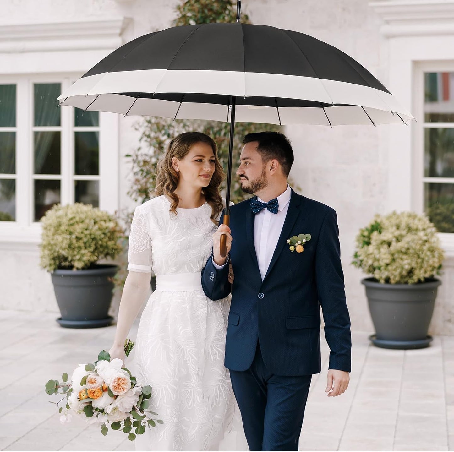 G4Free 54 Inch Large Windproof Umbrella for 2 Persons, 16 Ribs Auto Open Classic Wooden J Handle Cane Stick Golf Rain Umbrellas for Men Women Travel 120cm
