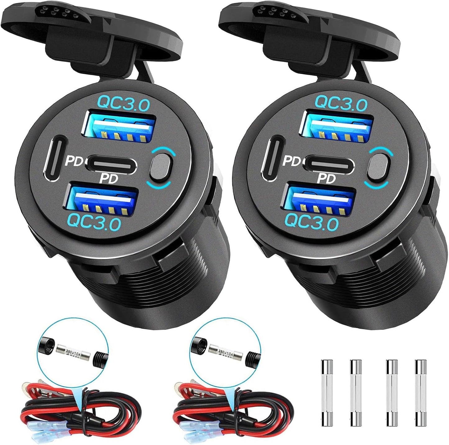 2 Pack Quad-Port 12V USB Outlet with Switch & LED - 78W Dual QC3.0 & Dual PD3.0 USB C Car Charger Socket for RV Motorcycle Marine Truck Golf Cart Boat Accessories