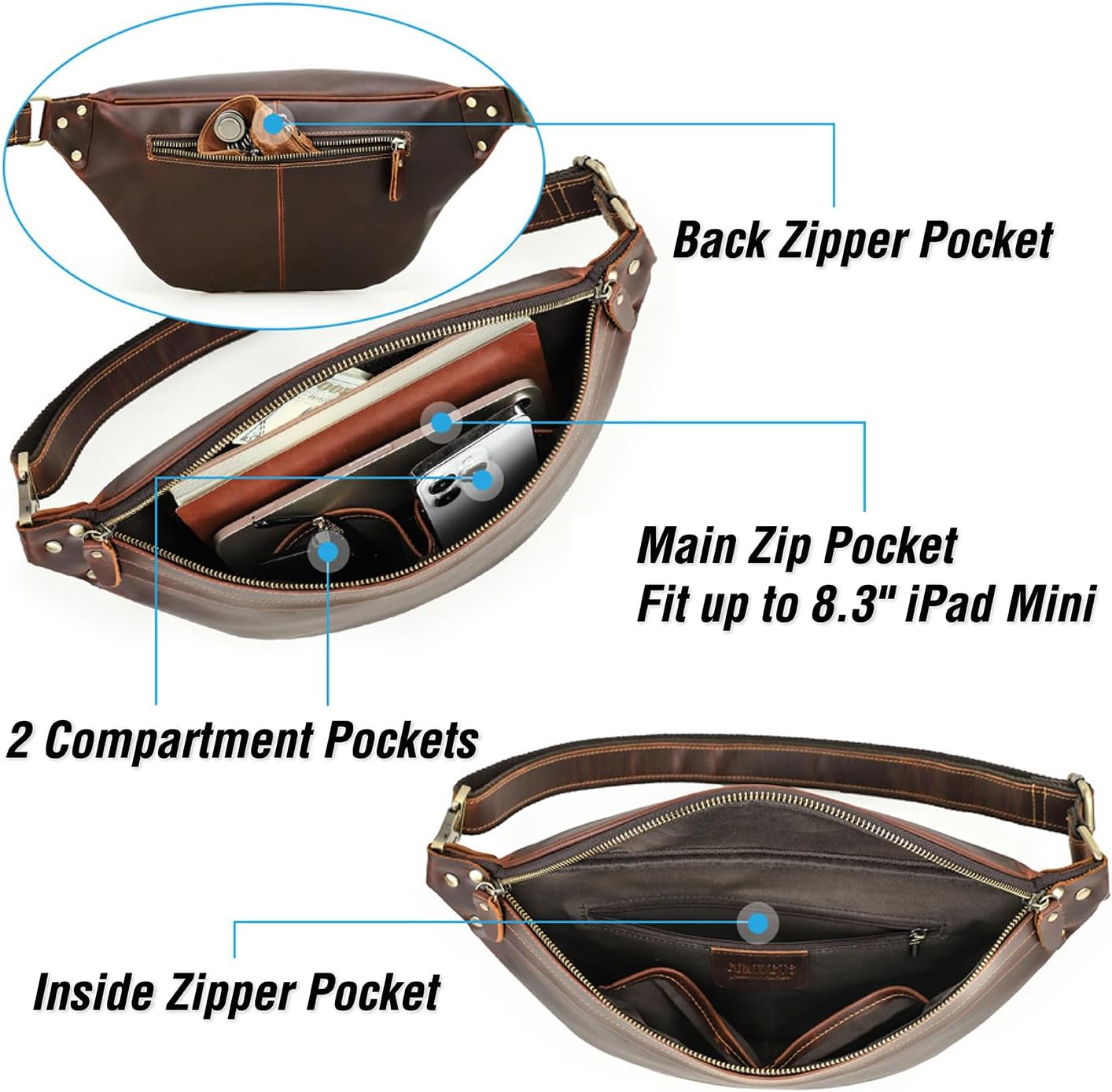 Top Grain Genuine Leather Customizable Large Fanny Pack for Man & Woman, Minimalist Vintage Design, Handmade with Detachable Hardware, Slim Waist Pack Large Crossbody Belt Bag for Traveling or Riding