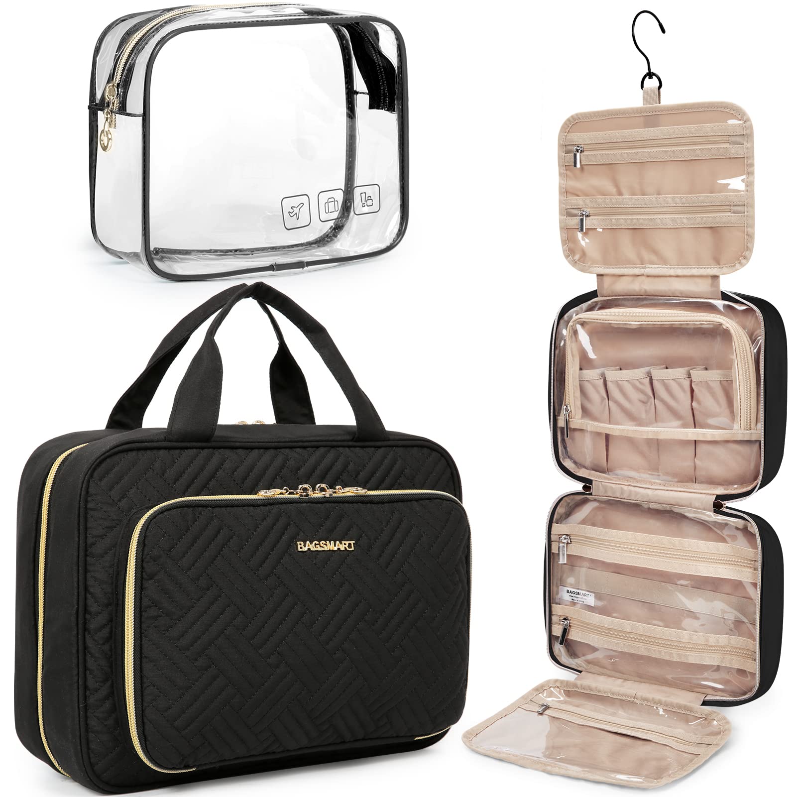 BAGSMART Toiletry Bag Hanging Travel Makeup Organizer with TSA Approved Transparent Cosmetic Bag