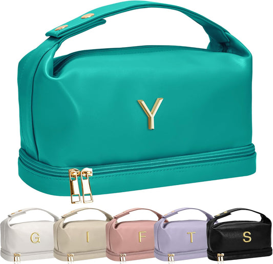 Gifts for Teenage Girls, Personalized Makeup Bag with Handle, Initial Double Layer Cosmetic Bag with Makeup Brush Organizer, Cute Cosmetic Pouch for Women, Gifts for Friend Female Mom